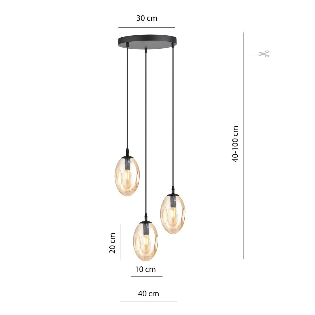 Hanglamp 3 lichts gepoedercoat staal en glas, modern, zwart met amber glas, Ø 30 cm, E14, eettafel en woonkamer