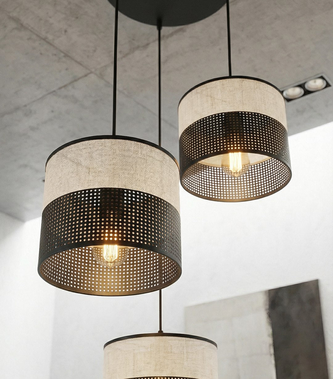 Hanglamp 3 lichts gepoedercoat staal met stoffen kap, minimalistisch zwart grijs, kapdiameter 20 cm, E27