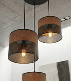 Hanglamp 3-lichts gepoedercoat staal met stoffen kap, Karbon, zwart en bruin, kapdiameter 20 cm, rond plafondplaat