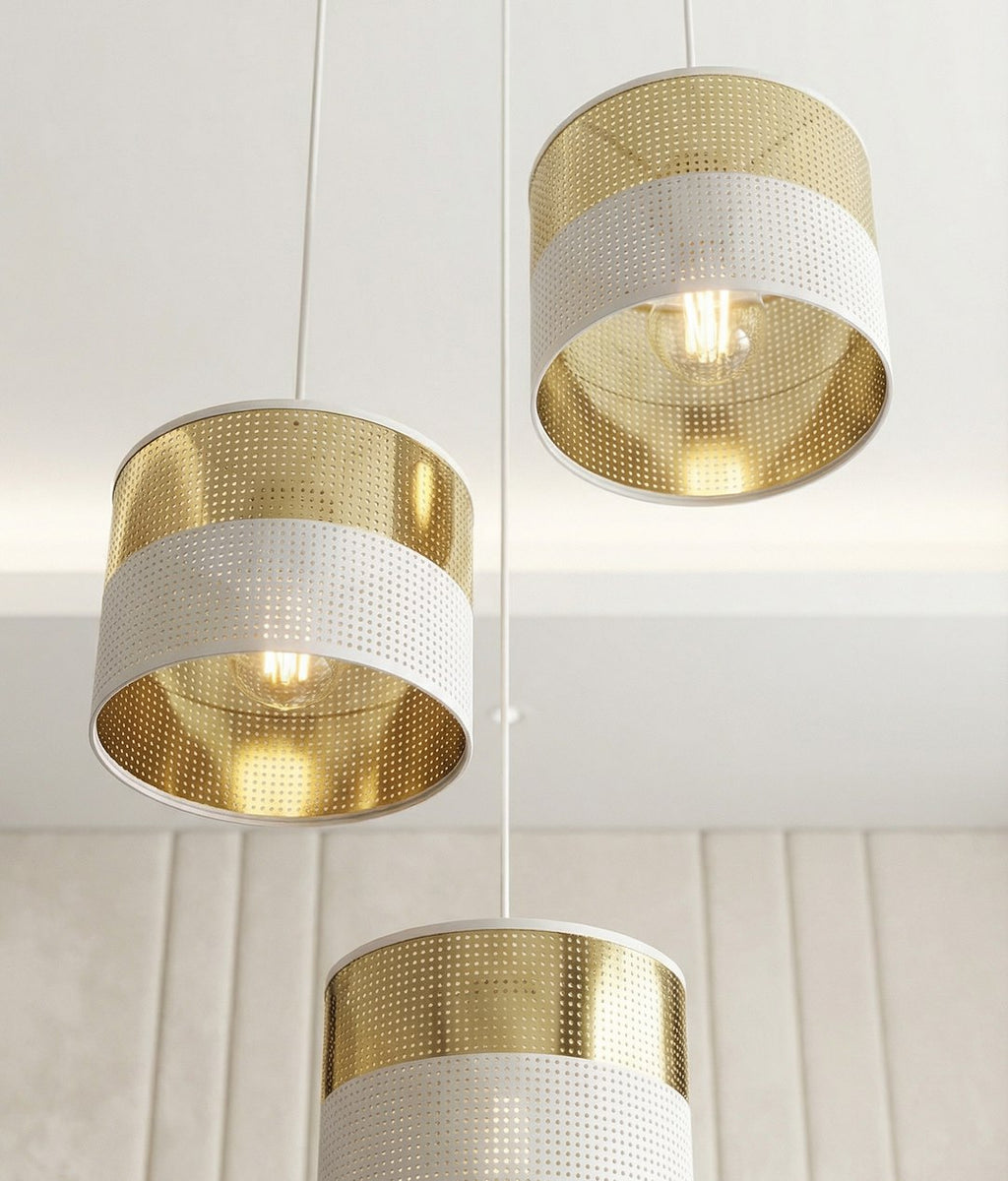 Hanglamp 3 lichts gepoedercoat staal met stoffen kap, modern, wit en goud, kap Ø 20 cm, E27