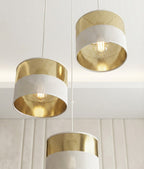 Hanglamp 3 lichts gepoedercoat staal met stoffen kap, modern, wit en goud, kap Ø 20 cm, E27