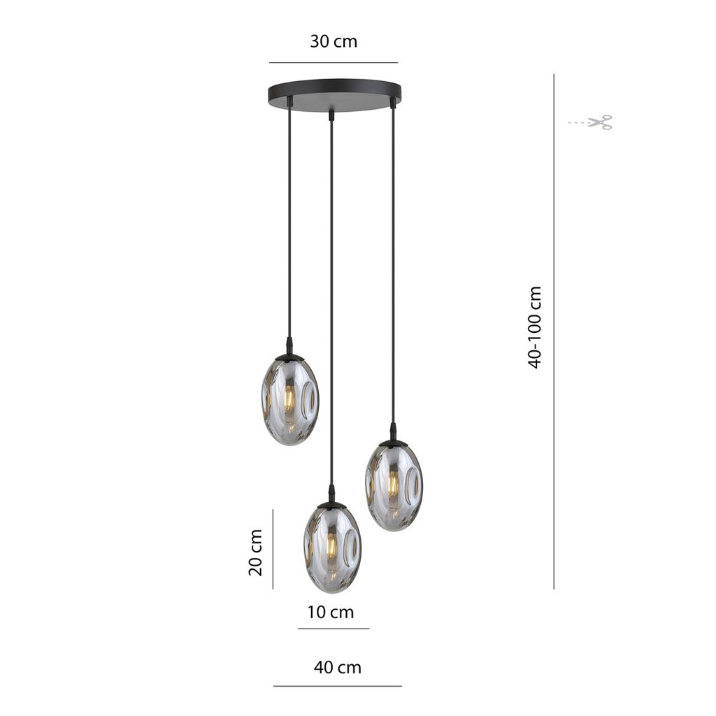 Hanglamp 3 lichts gepoedercoat staal en glas, modern, zwart met grafiet glazen kappen, kappen 12 cm, E14, woonkamer en eetkamer