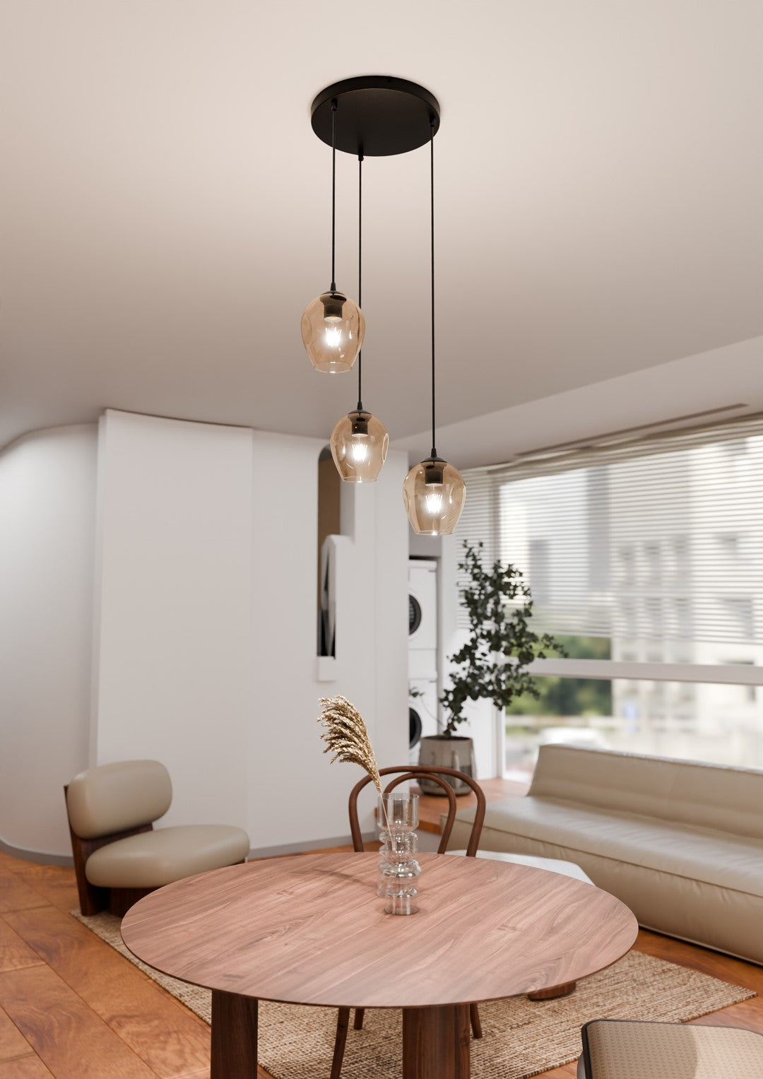 Hanglamp 3 lichts gepoedercoat staal en glas, Istar modern, zwart met amber kappen Ø 14 cm, hoogte verstelbaar