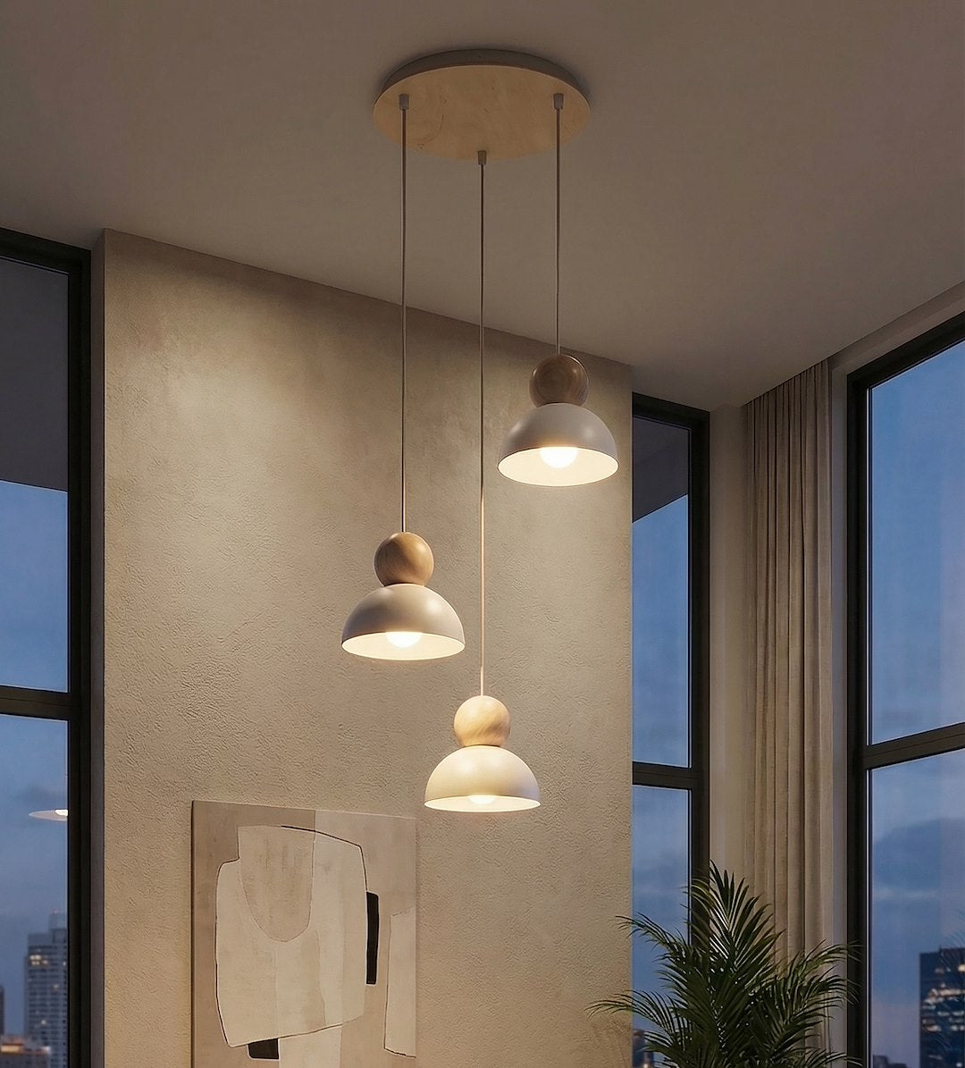 Hanglamp gepoedercoat staal en hout, Kaki Scandinavisch, wit, 41 x 41 cm, 3 fittingen, in hoogte verstelbaar
