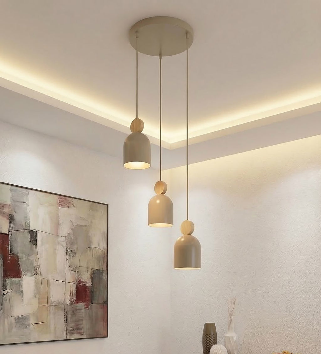 Hanglamp Mesi gepoedercoat staal en hout, Scandinavisch, beige, Ø 34 cm, 3 lichtpunten, verstelbare hoogte
