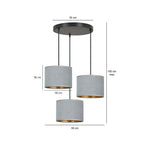 Hanglamp 3 lichts gepoedercoat staal en stof Hilde grijs met gouden binnenzijde, ronde canopy, eettafel