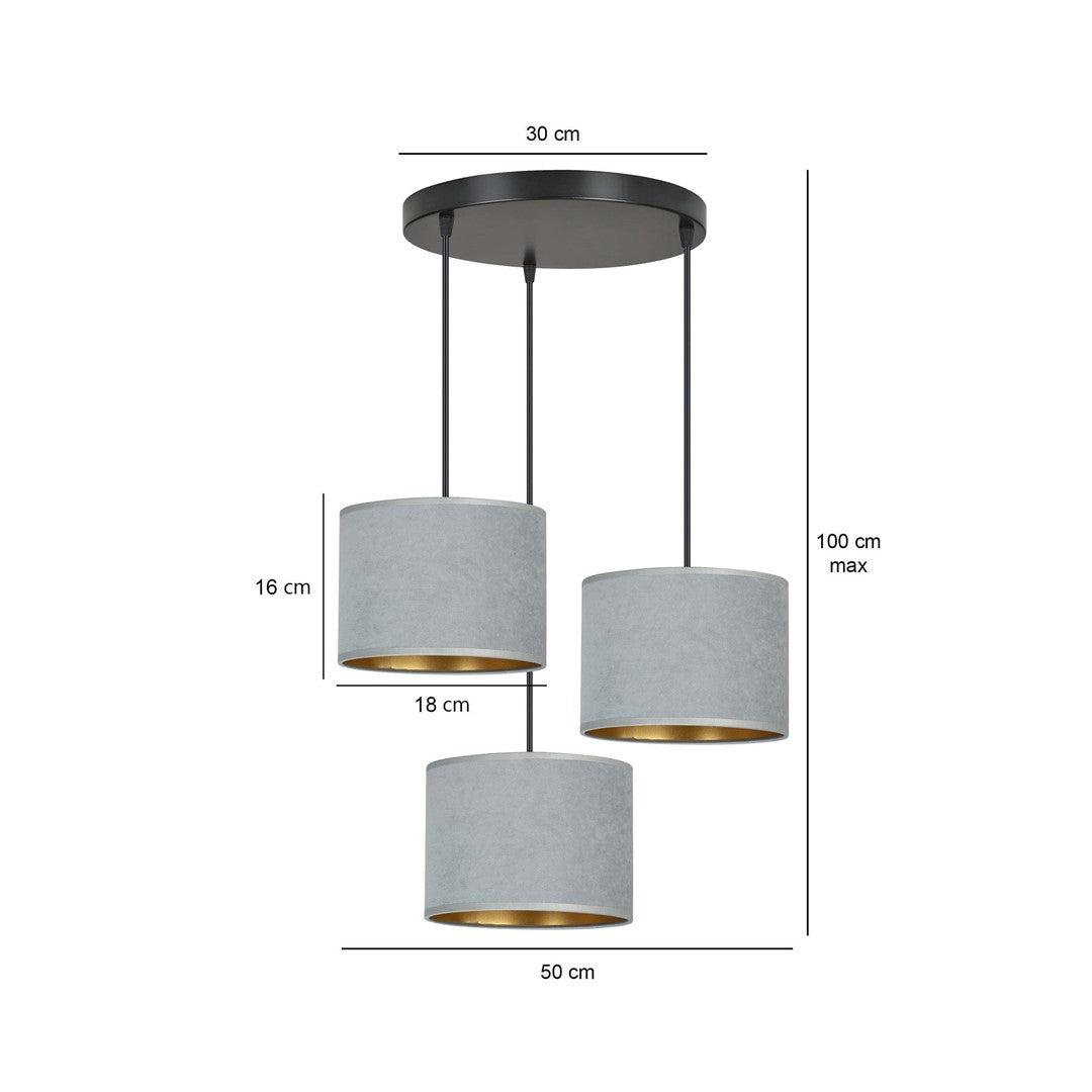 Hanglamp 3 lichts gepoedercoat staal en stof Hilde grijs met gouden binnenzijde, ronde canopy, eettafel