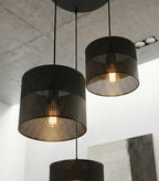 Hanglamp 3 lichts gepoedercoat staal met stoffen kappen, minimalistisch zwart, kap Ø 20 cm, E27