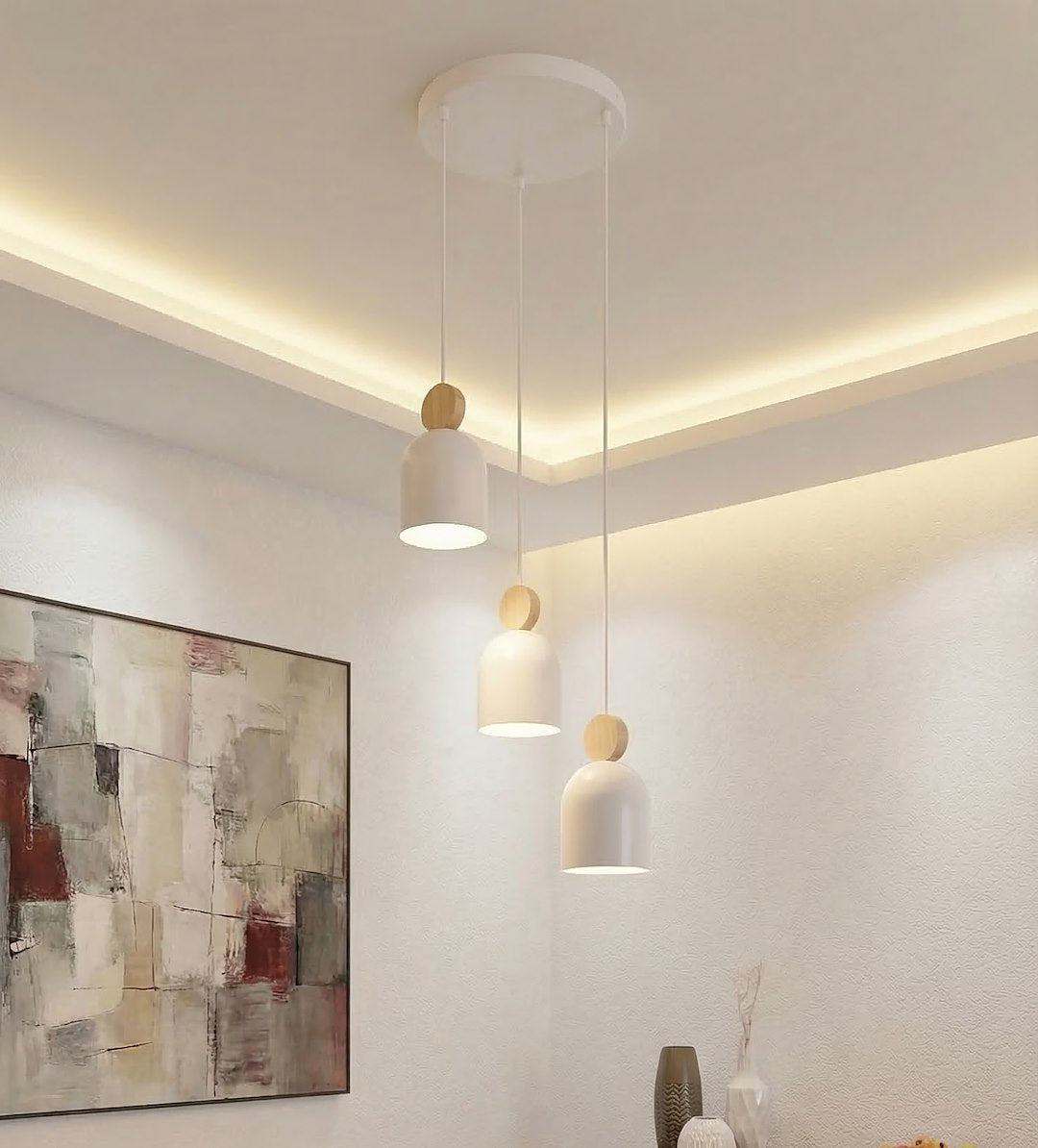 Hanglamp gepoedercoat staal en hout, Scandinavisch Mesi, wit, 34 x 34 cm, 3 lichts, verstelbare hoogte