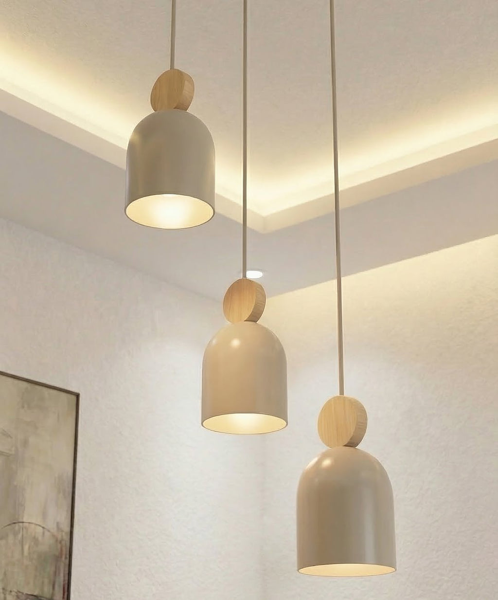 Hanglamp Mesi gepoedercoat staal en hout, Scandinavisch, beige, Ø 34 cm, 3 lichtpunten, verstelbare hoogte