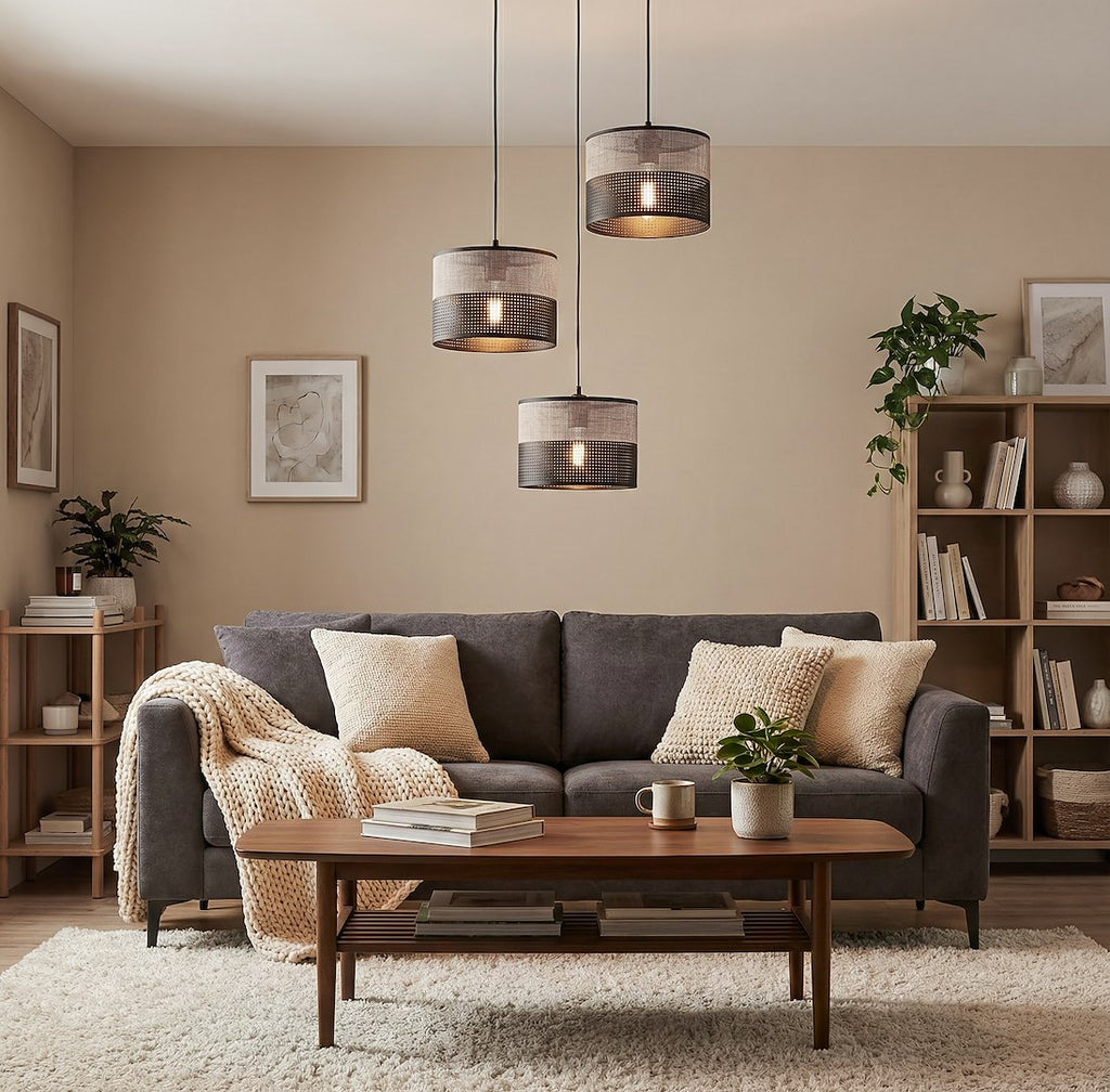 Hanglamp 3 lichts gepoedercoat staal met stoffen kap, minimalistisch zwart grijs, kapdiameter 20 cm, E27