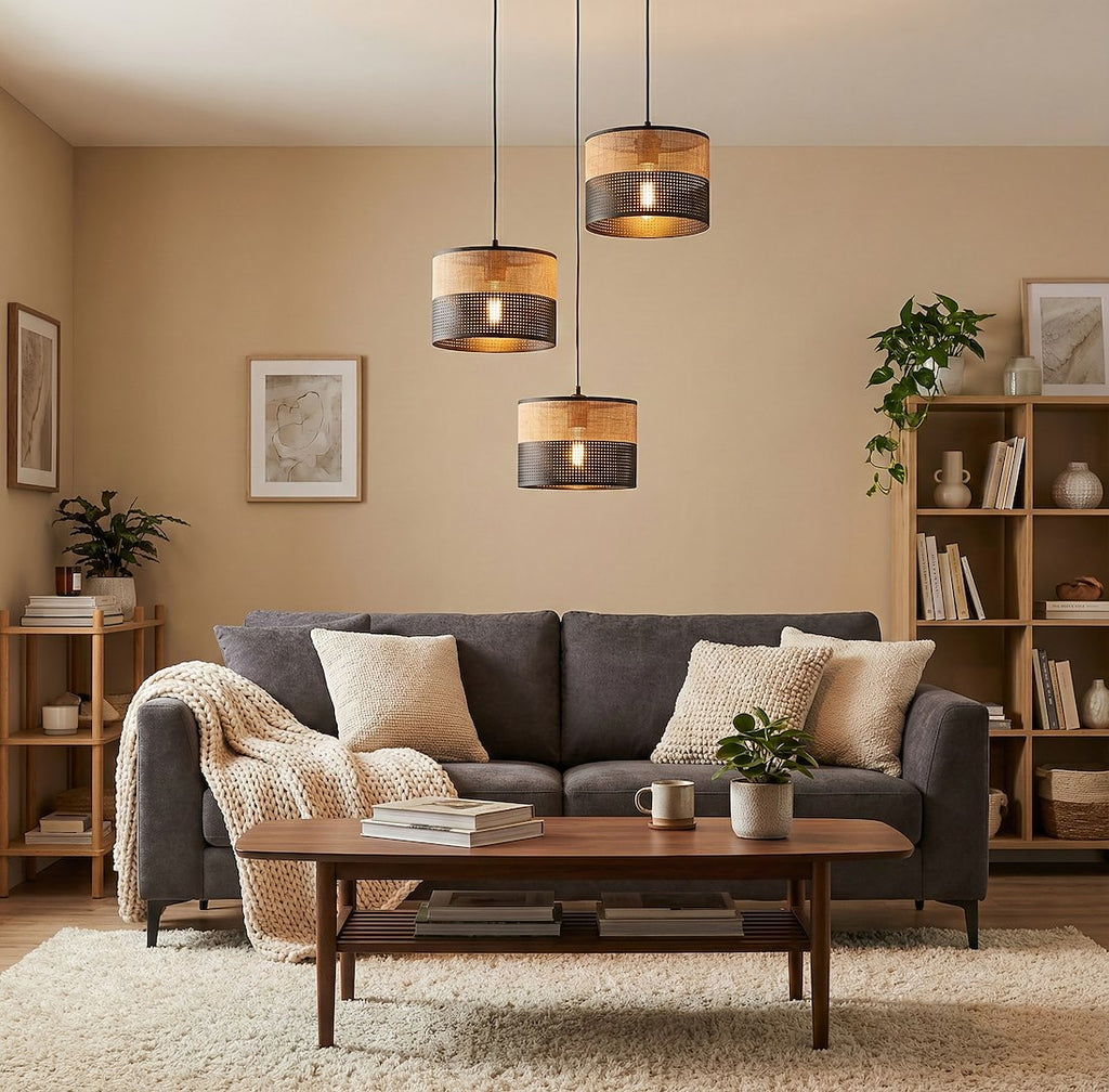 Hanglamp 3-lichts gepoedercoat staal met stoffen kap, Karbon, zwart en bruin, kapdiameter 20 cm, rond plafondplaat