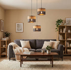 Hanglamp 3-lichts gepoedercoat staal met stoffen kap, Karbon, zwart en bruin, kapdiameter 20 cm, rond plafondplaat