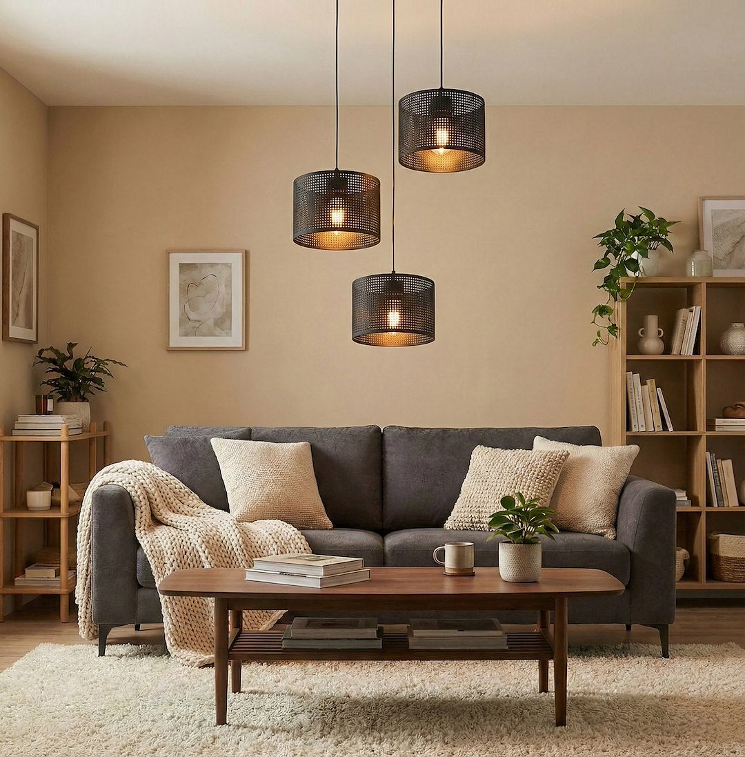 Hanglamp Lux gepoedercoat staal zwart met 3 lichtpunten, kap Ø 20 cm, E27-fitting, verstelbare hoogte