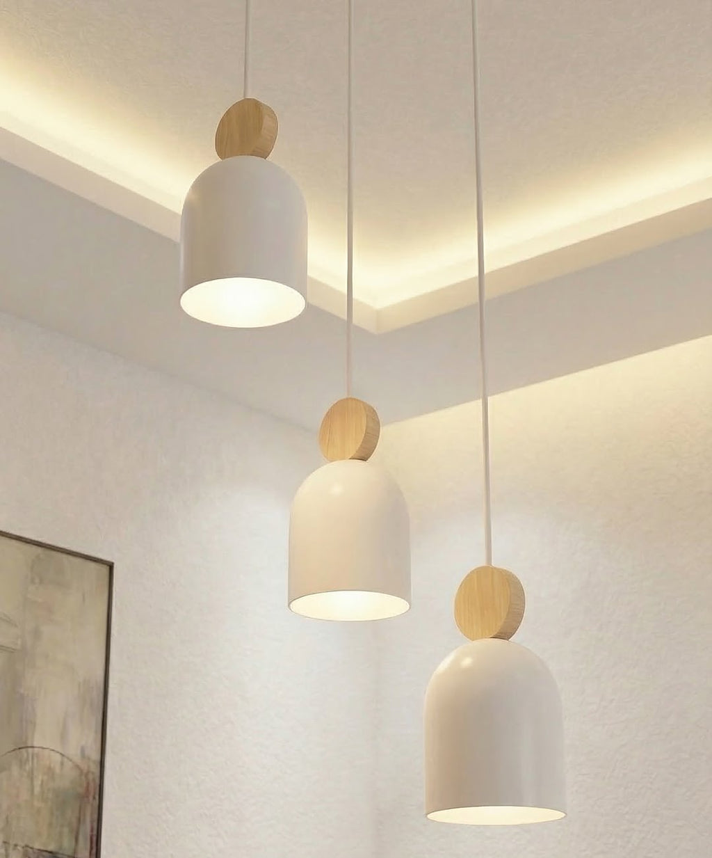 Hanglamp gepoedercoat staal en hout, Scandinavisch Mesi, wit, 34 x 34 cm, 3 lichts, verstelbare hoogte
