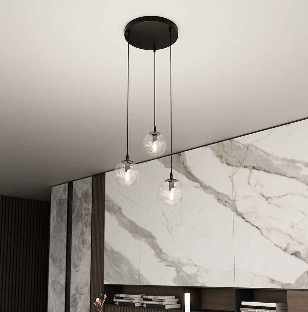 Hanglamp gepoedercoat staal en glas Cosmo, zwart met transparante glazen kappen Ø 14 cm, 3 lichts, hoogte verstelbaar