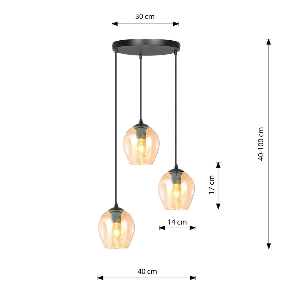 Hanglamp 3 lichts gepoedercoat staal en glas, Istar modern, zwart met amber kappen Ø 14 cm, hoogte verstelbaar