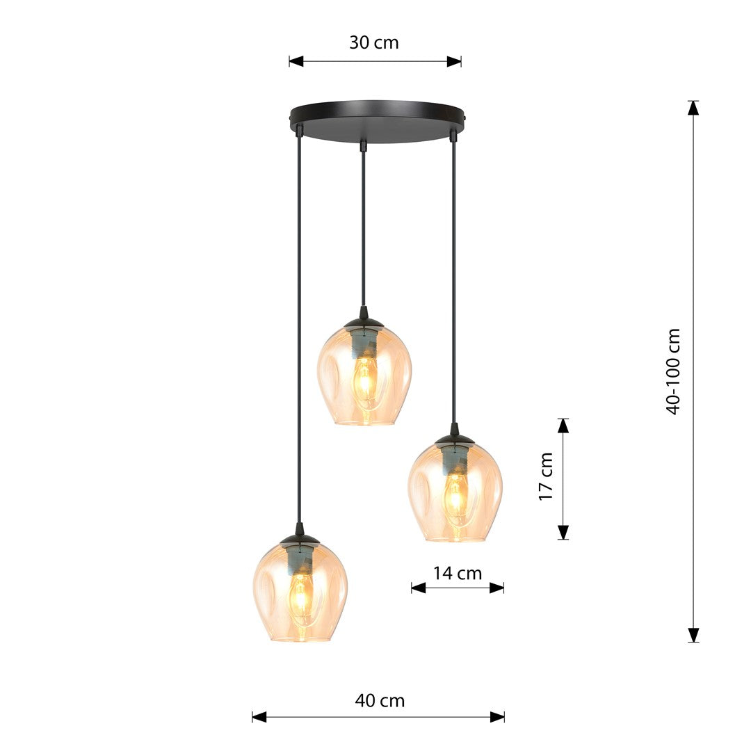 Hanglamp 3 lichts gepoedercoat staal en glas, Istar modern, zwart met amber kappen Ø 14 cm, hoogte verstelbaar
