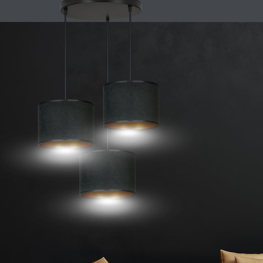 Hanglamp Hilde 3 lichts gepoedercoat staal en stof, zwart met gouden binnenzijde, kap Ø 20 cm, verstelbaar
