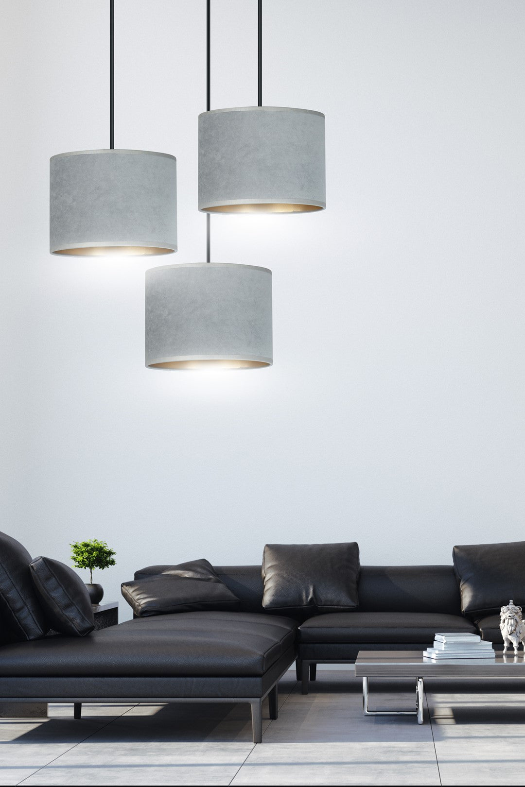 Hanglamp 3 lichts gepoedercoat staal en stof Hilde grijs met gouden binnenzijde, ronde canopy, eettafel