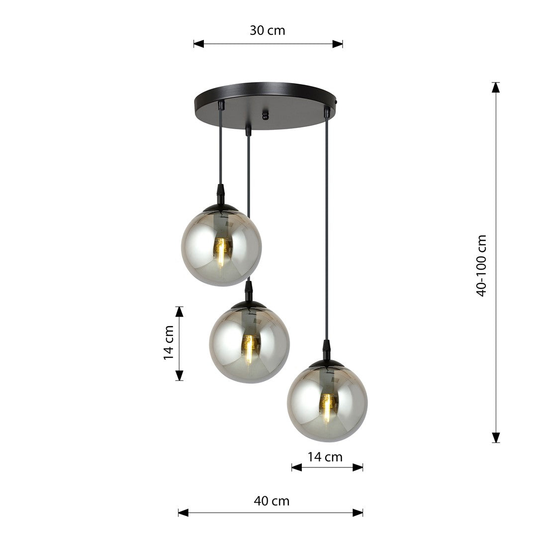 Hanglamp 3-lichts gepoedercoat staal en glas Cosmo, zwart met grafiet glazen kappen Ø 14 cm, eettafel en woonkamer