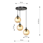 Hanglamp gepoedercoat staal en glas Cosmo modern, zwart met amber glas, 3 lichtpunten, kap Ø 14 cm, eettafel en woonkamer