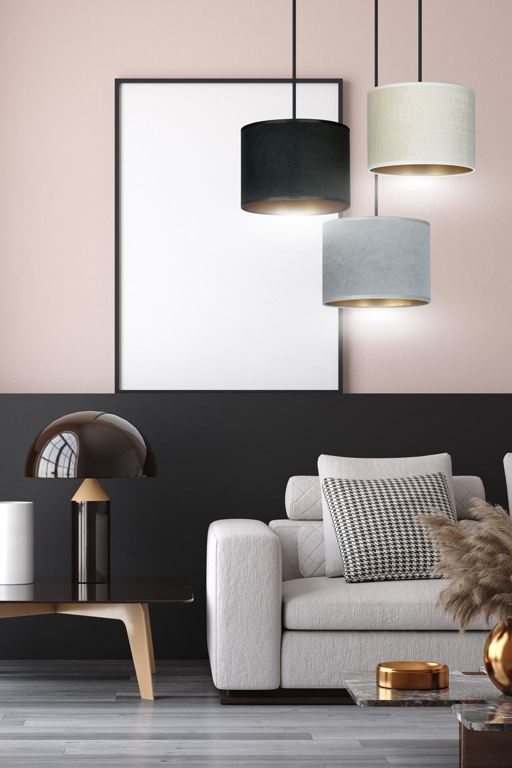 Hanglamp 3-lichts gepoedercoat staal met stoffen kappen, Hilde minimalistisch zwart, grijs en wit, kap Ø 20 cm