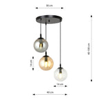Hanglamp gepoedercoat staal en glas modern Cosmo, zwart met 3 glazen kappen Ø 14 cm, transparant, grafiet en amber