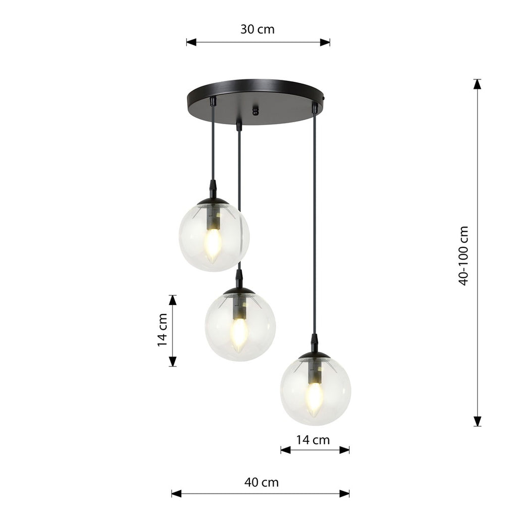 Hanglamp gepoedercoat staal en glas Cosmo, zwart met transparante glazen kappen Ø 14 cm, 3 lichts, hoogte verstelbaar