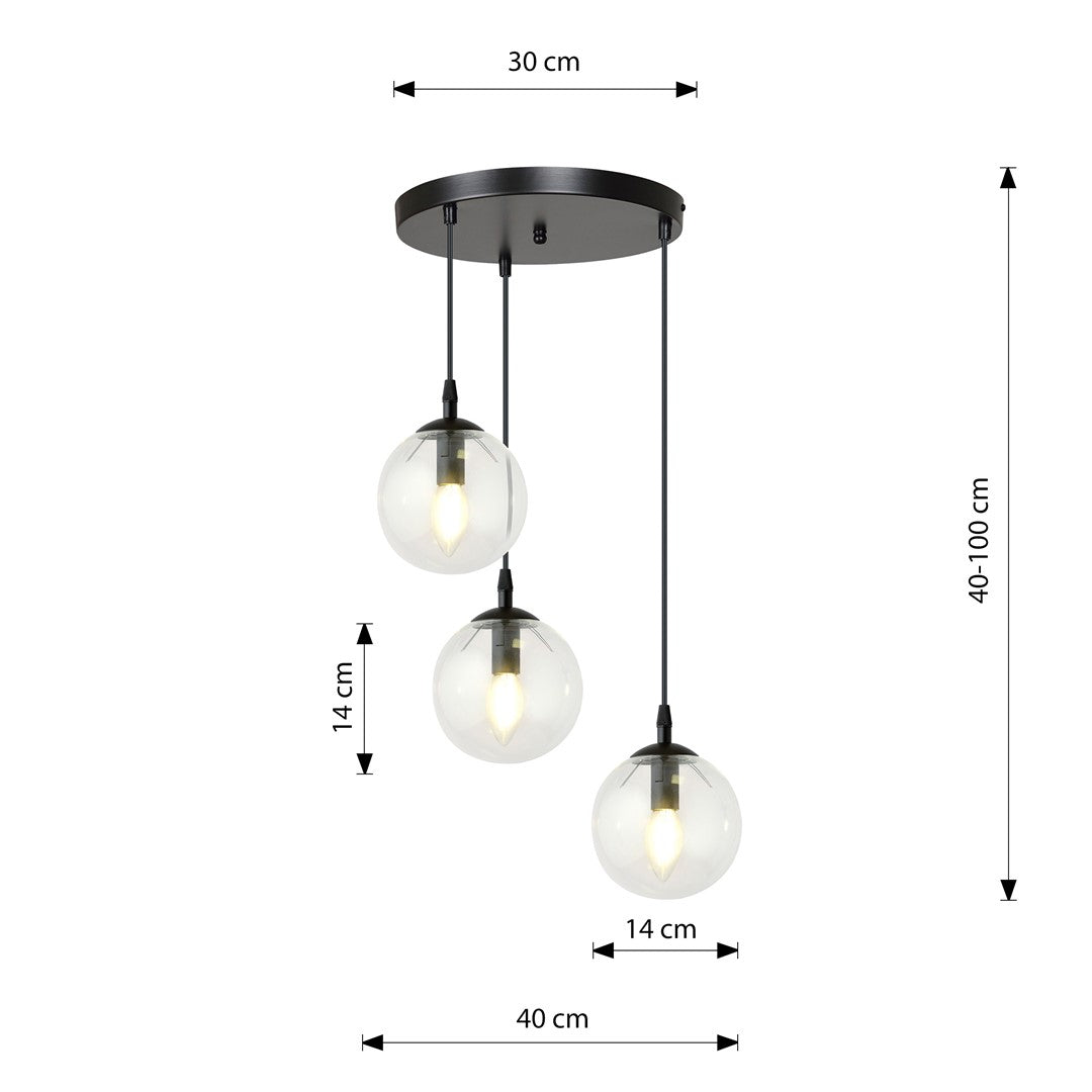 Hanglamp gepoedercoat staal en glas Cosmo, zwart met transparante glazen kappen Ø 14 cm, 3 lichts, hoogte verstelbaar