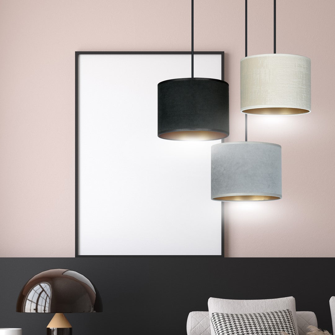 Hanglamp 3-lichts gepoedercoat staal met stoffen kappen, Hilde minimalistisch zwart, grijs en wit, kap Ø 20 cm
