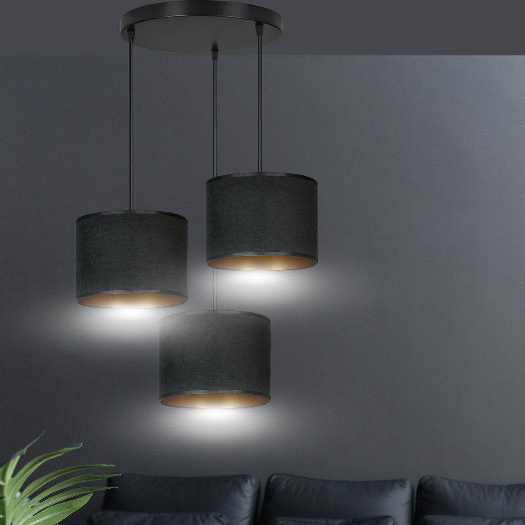 Hanglamp Hilde 3 lichts gepoedercoat staal en stof, zwart met gouden binnenzijde, kap Ø 20 cm, verstelbaar