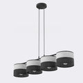 Hanglamp met vier cilindrische kappen op een rij, grijs stof boven en zwart geperforeerd onder, aan twee dunne stangen