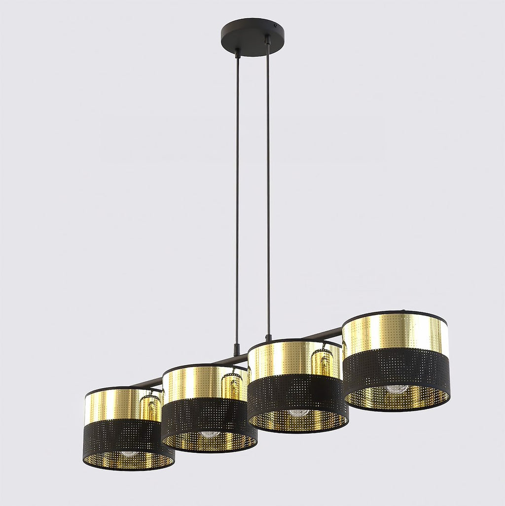 Zwarte hanglamp met vier cilindrische kappen met gouden band en perforatie, opgehangen aan twee dunne stangen