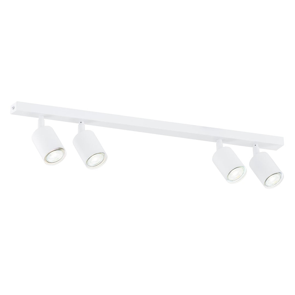 Witte plafondlamp met smalle balk en vier cilindervormige spots met GU10-lampen