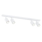 Witte plafondlamp met smalle balk en vier cilindervormige spots met GU10-lampen