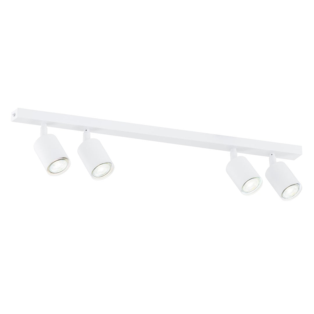 Witte plafondlamp met smalle balk en vier cilindervormige spots met GU10-lampen