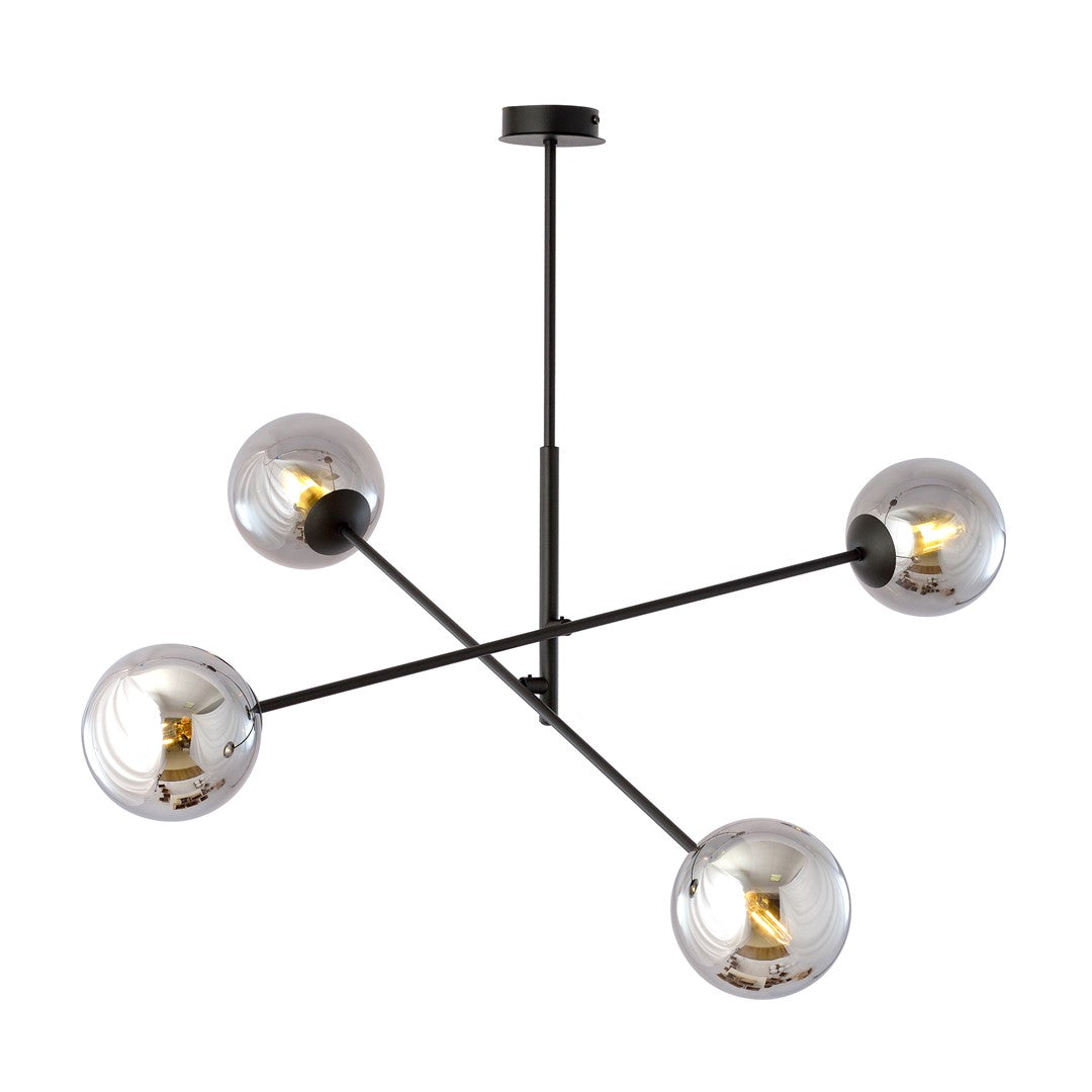 Zwarte hanglamp met vier kruisende armen en ronde grafietkleurige glazen kappen