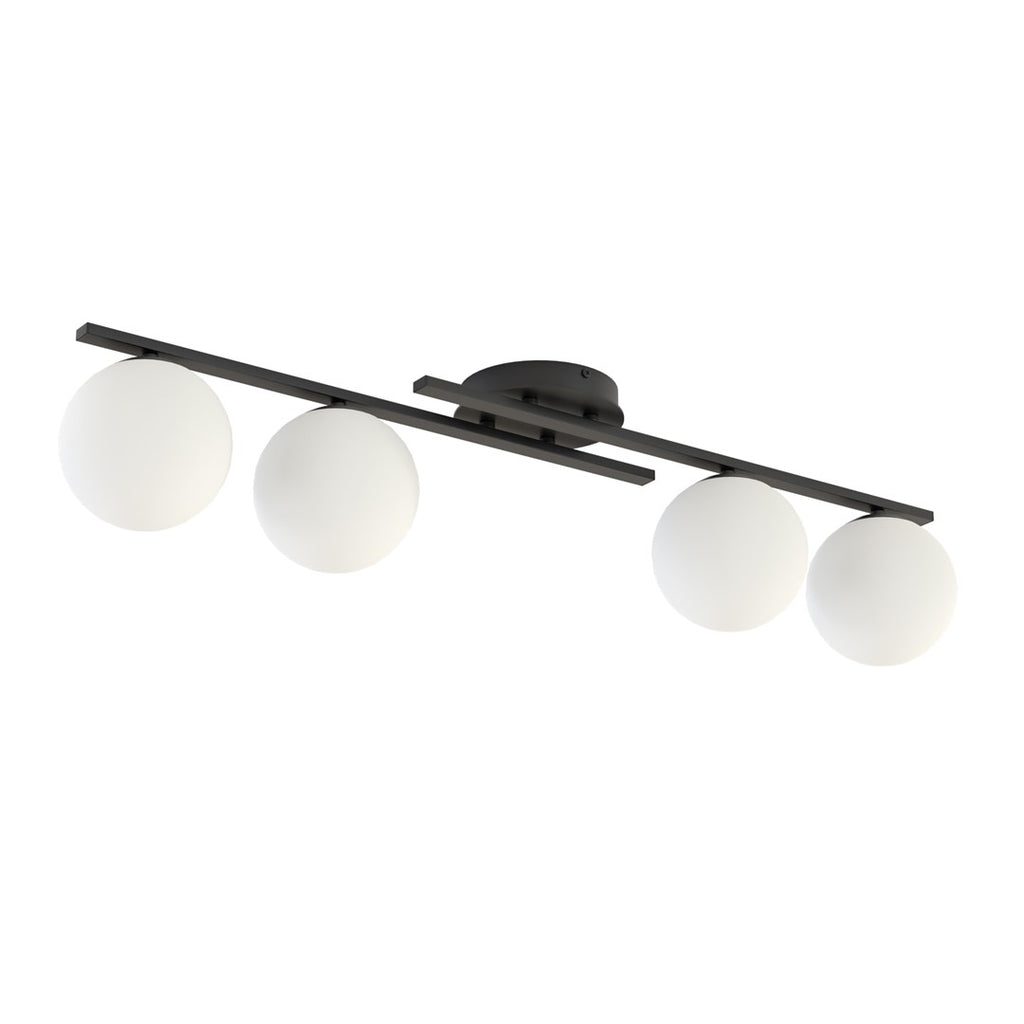 Zwarte plafondlamp met twee parallelle stalen balken en vier ronde witte bolkappen