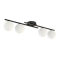 Zwarte plafondlamp met twee parallelle stalen balken en vier ronde witte bolkappen