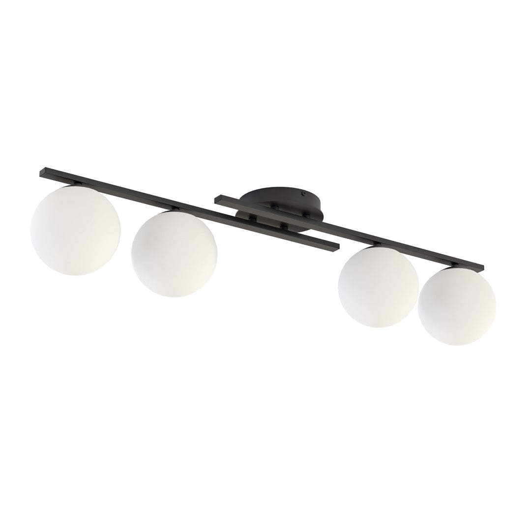 Zwarte plafondlamp met twee parallelle stalen balken en vier ronde witte bolkappen