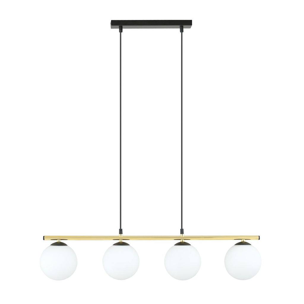 Hanglamp met zwarte en gouden balk en vier ronde witte glazen kappen aan twee zwarte snoeren