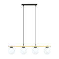 Hanglamp met zwarte en gouden balk en vier ronde witte glazen kappen aan twee zwarte snoeren