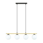 Hanglamp met zwarte en gouden balk en vier ronde witte glazen kappen aan twee zwarte snoeren