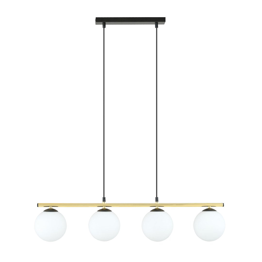Hanglamp met zwarte en gouden balk en vier ronde witte glazen kappen aan twee zwarte snoeren