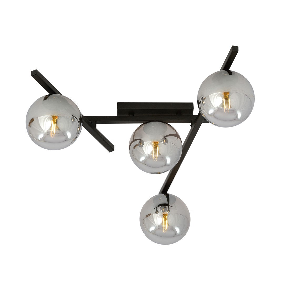Zwarte plafondlamp met vier grafietkleurige glazen bollen op een open stalen frame
