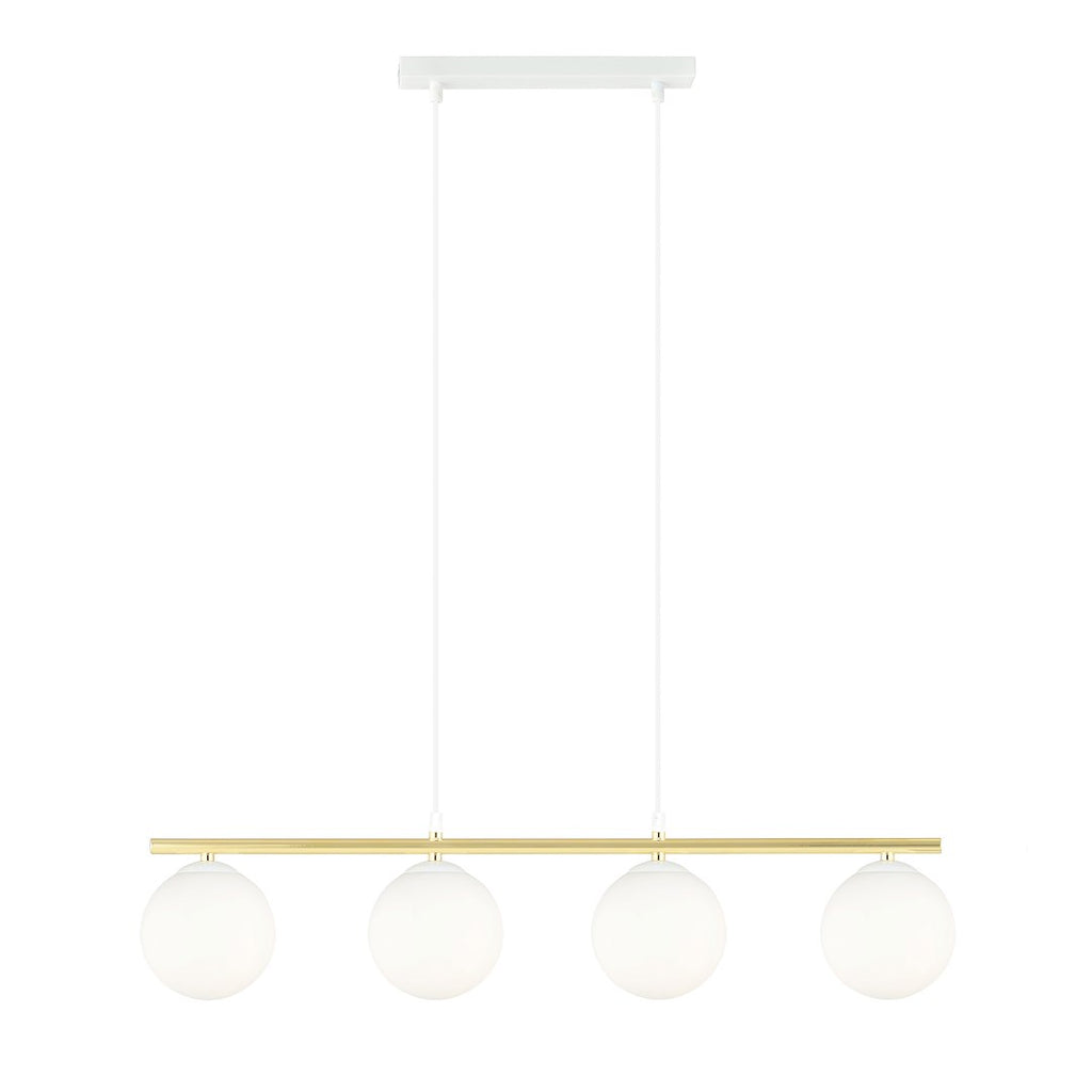 Hanglamp met vier witte glazen bollen aan een gouden buis en witte ophangsnoeren met wit plafondplaatje