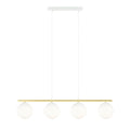 Hanglamp met vier witte glazen bollen aan een gouden buis en witte ophangsnoeren met wit plafondplaatje