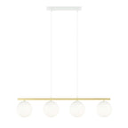Hanglamp met vier witte glazen bollen aan een gouden buis en witte ophangsnoeren met wit plafondplaatje