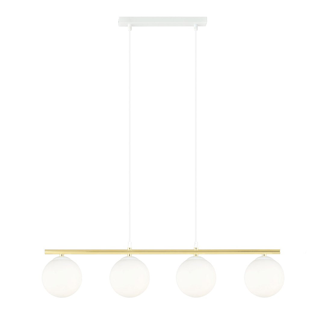 Hanglamp met vier witte glazen bollen aan een gouden buis en witte ophangsnoeren met wit plafondplaatje